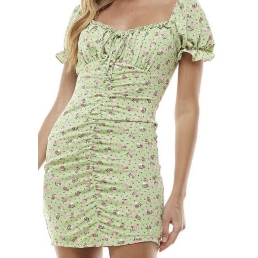 City Studio Womens Green Floral Ruched Puff Sleeve Short Mini Dress Juniors 1
